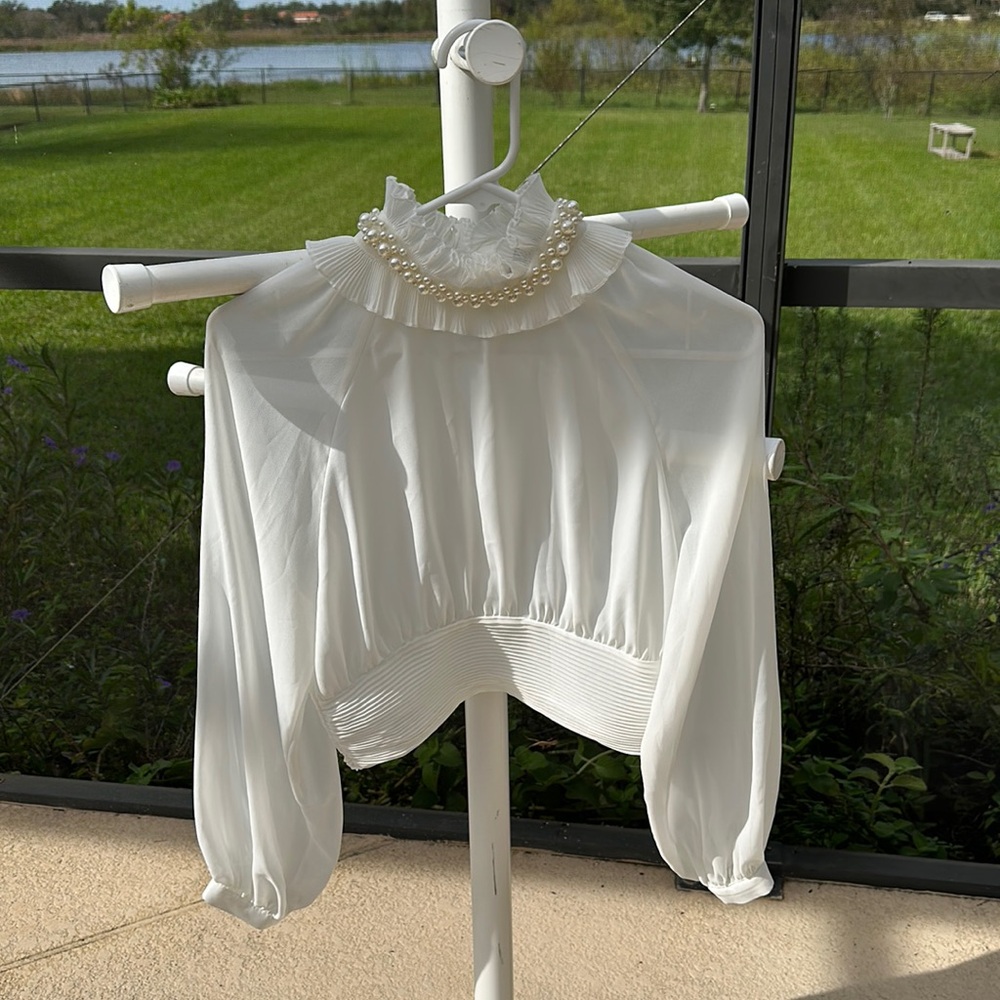 Zara Transparent crème long Sleeve blouse ruffle neck with pearl Statement - Picture 1 of 5